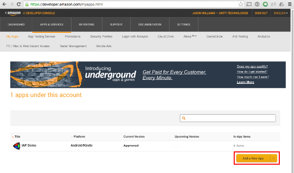 Amazon Developer Portal, with Add a New App highlighted.
