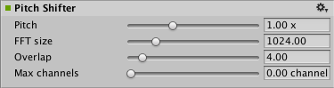 The AudioGroup Inspector displays the configurable properties of an Audio Pitch Shifter Effect.