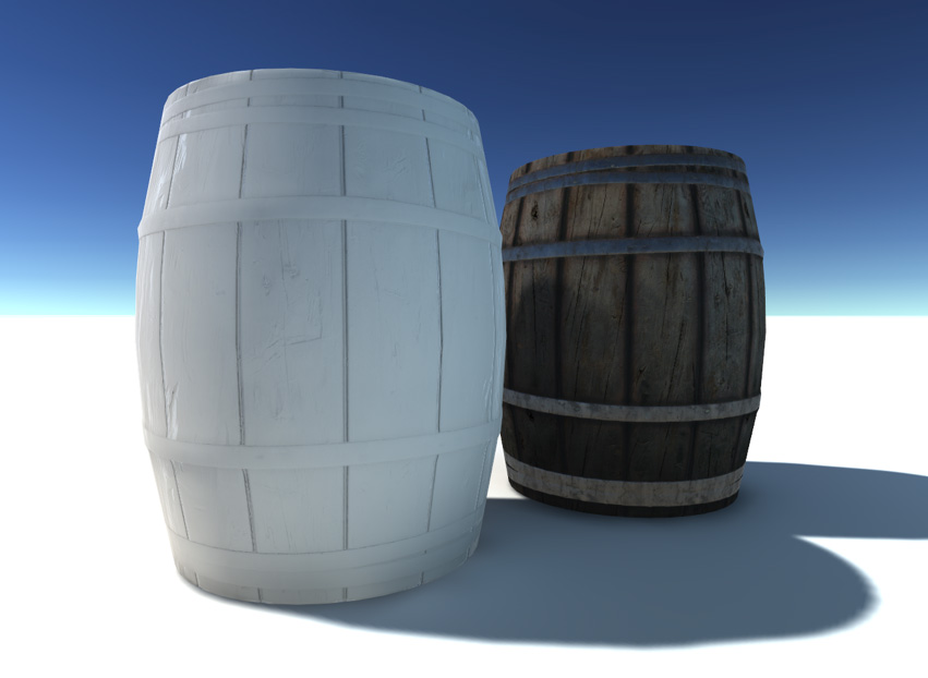 The barrels in this image have baked Directional lightmaps. 