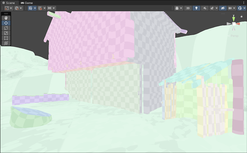 A wooden village scene in UV Charts mode. Each GameObject displays a similar checkerboard pattern to Indirect mode, using a different color for each UV chart.