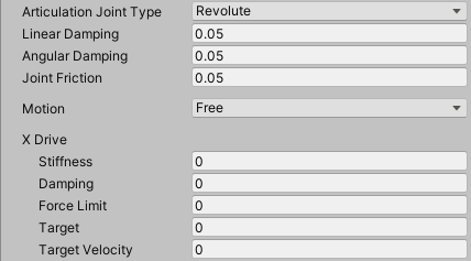 Revolute joint additional properties in the Inspector.