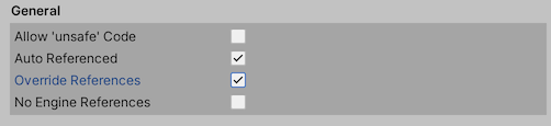The Inspector window displays the General section of the assembly definition properties, with the Auto Referenced and Override References checkboxes selected.