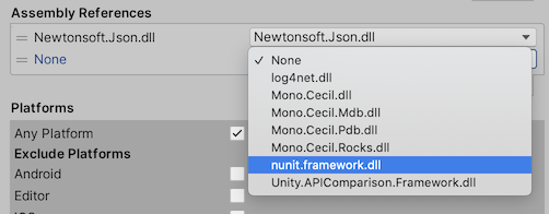 The Assembly References dropdown menu displays the list of currently available precompiled assemblies.