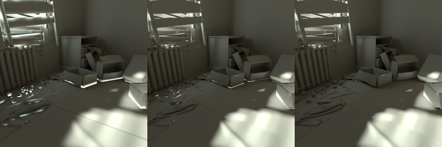 Lightmap leaking introduced by high Gaussian filtering settings and poor object placement - left. Open Image Denoiser mitigates leaks, but not entirely - center. Adjusting the Y-coordinate of the affected props so that they dont intersect scene geometry fixes the issue entirely - right.