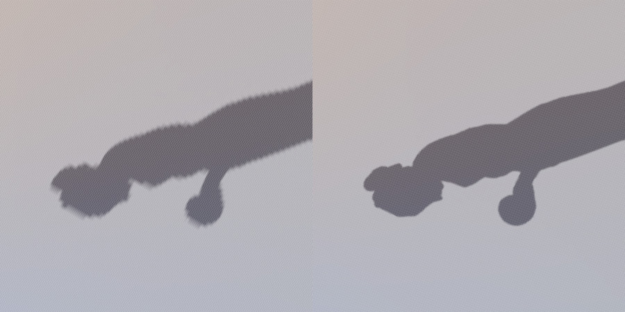 Lightmap texels stretched horizontally resulting in distorted output - left. Uniformly scaled lightmap texels - right.