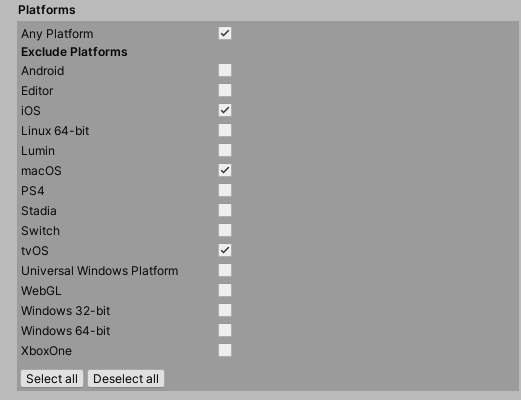 The Platforms section of the Assembly Definition importer Inspector window with Any Platform, iOS, macOS, and tvOS platforms selected.