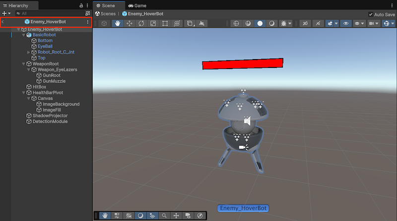 The Scene view and Hierarchy, with prefab editing mode in isolation. The prefab breadcrumb bar is highlighted.