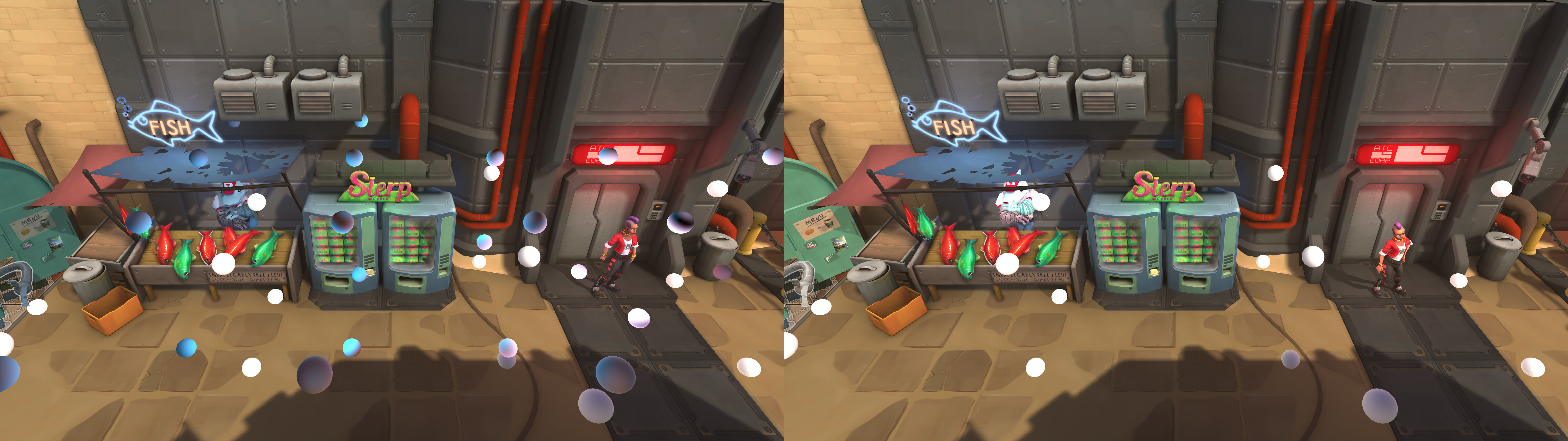 A market scene, viewed from above, with the grid of light probes visible throughout the scene as spheres. On the left, there are blue light probes that dont match the scene. On the right, the blue light probes are gone.