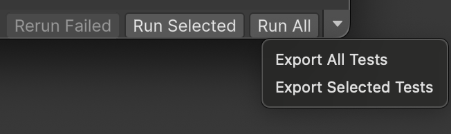 The dropdown selector in the Test Runner window displays the options to Export All Tests or Export Selected Tests to a Player without running them.