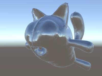 A cat-like character with a metallic surface that reflects the scene.