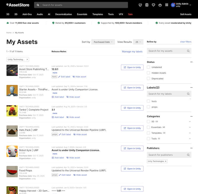 The My Assets page with a selection of assets displayed. Some assets have labels, and the list has been filtered by the Unity Technologies publisher.