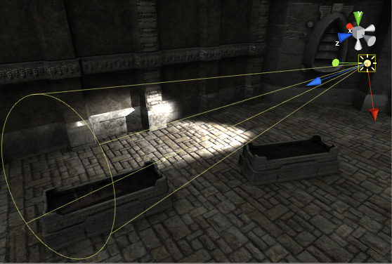 A Spot Light acting as a flashlight in a dungeon scene.