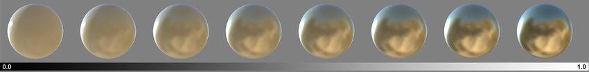 Spheres with a range of metallic values from 0 to 1, and a constant smoothness value of 0.8. The reflection of the environment becomes more visible.