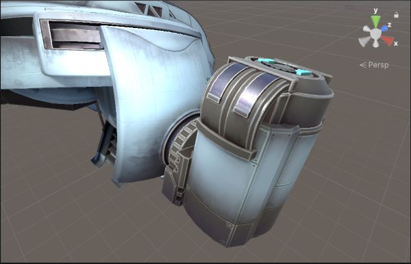 The same spaceship model with a metallic map applied. Part of the spaceship now has a high Metallic value and appears more reflective.
