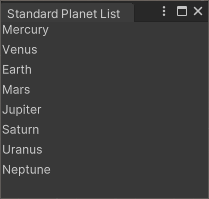 A list of planets in a Unity Editor window.