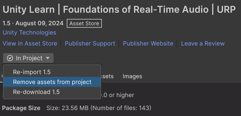 The action menu in Package Managers details panel